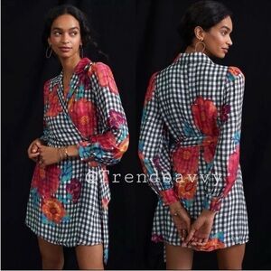 Farm Rio Floral Gingham Wrap Long Sleeves Mini Dress Anthropologie Black L NWT
